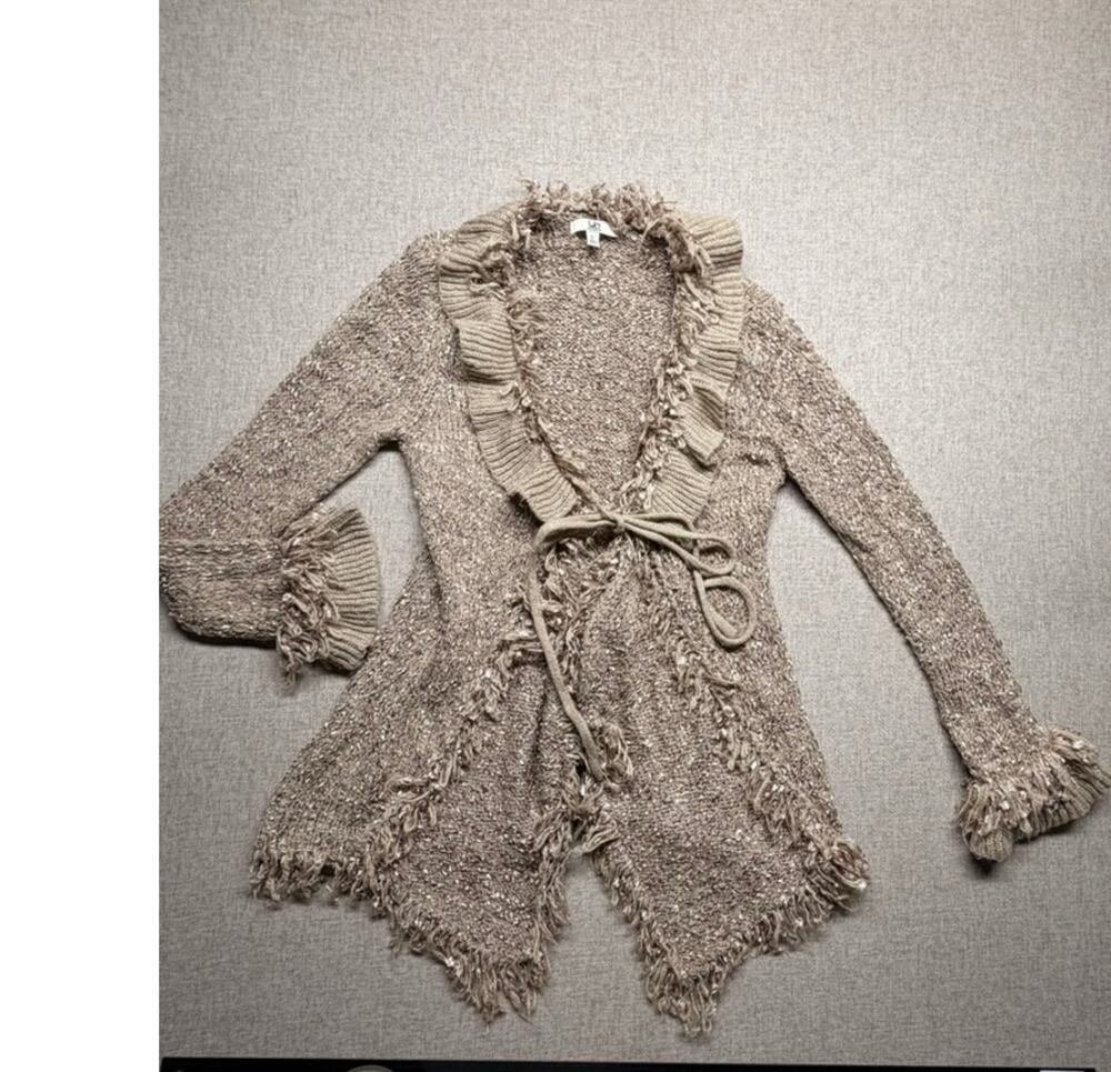 Ya Los Angeles Knit Fringe Front Tie Cardigan Sweater Beige Women's Size L Flaw